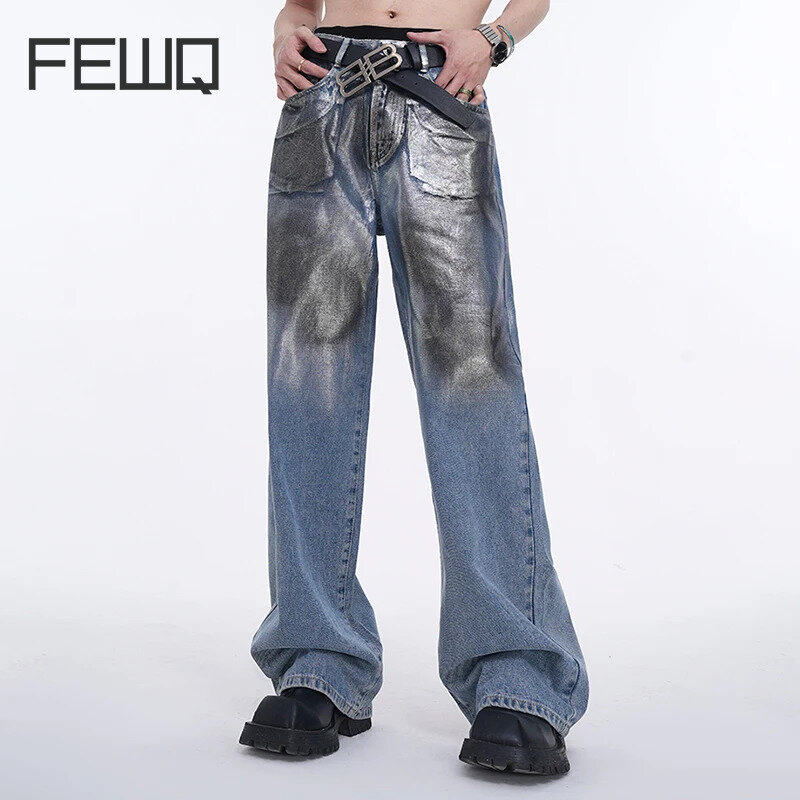 FEWQ Loose Men's Jeans Silver Stamping Design Trousers High Street Trendy Straight-leg Pants Men 2024 Summer Bottoms 24X9054
