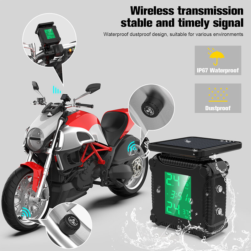 Sistema de Monitoreo de presión de neumáticos para motocicleta, TPMS, alimentado por energía Solar, 2 sensores, probador de neumáticos, alarma de advertencia, Pit Bike, accesorios de motocicleta