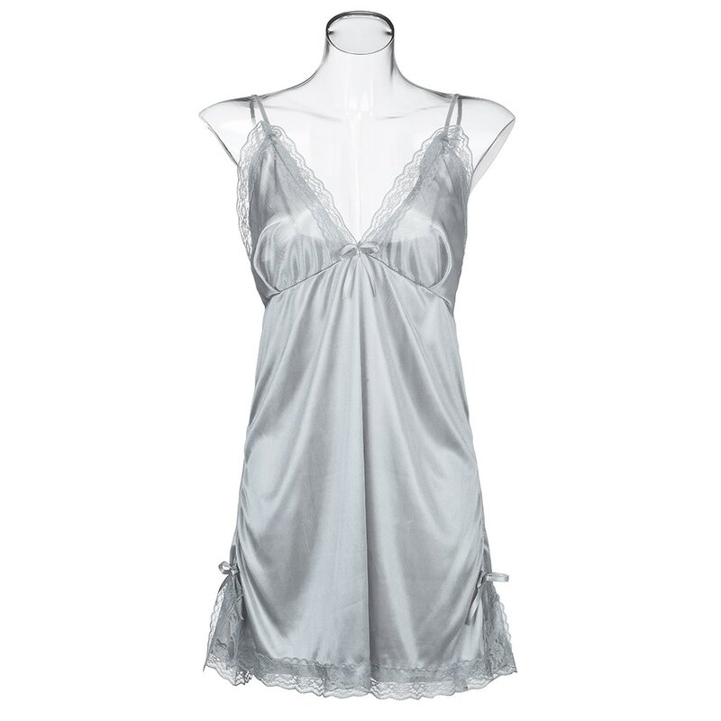 Gaun malam wanita, ukuran besar seksi sutra es tali Solid leher V potongan renda pakaian tidur piyama nyaman