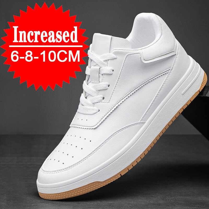 Sepatu kets kulit asli pria, sneaker Platform nyaman kasual putih sol dalam penambah tinggi 6/8/10CM
