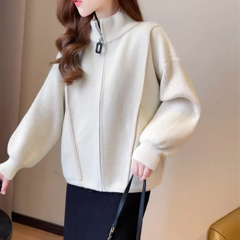 Panelled Contrast Color Knitted Cardigan Stand Collar Zip Up Long Sleeve Sweater Coat 2024 Autumn Winter Warm Knitwear Jumper