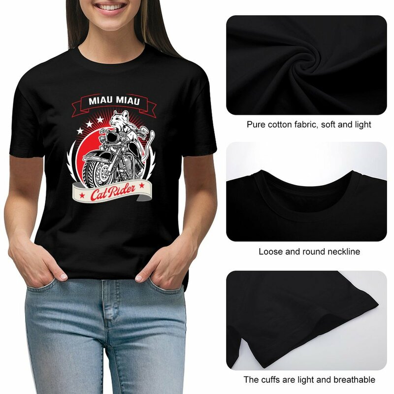 Camiseta con estampado de gato en motocicleta para niña, ropa bonita, camisetas para mujer, paquete