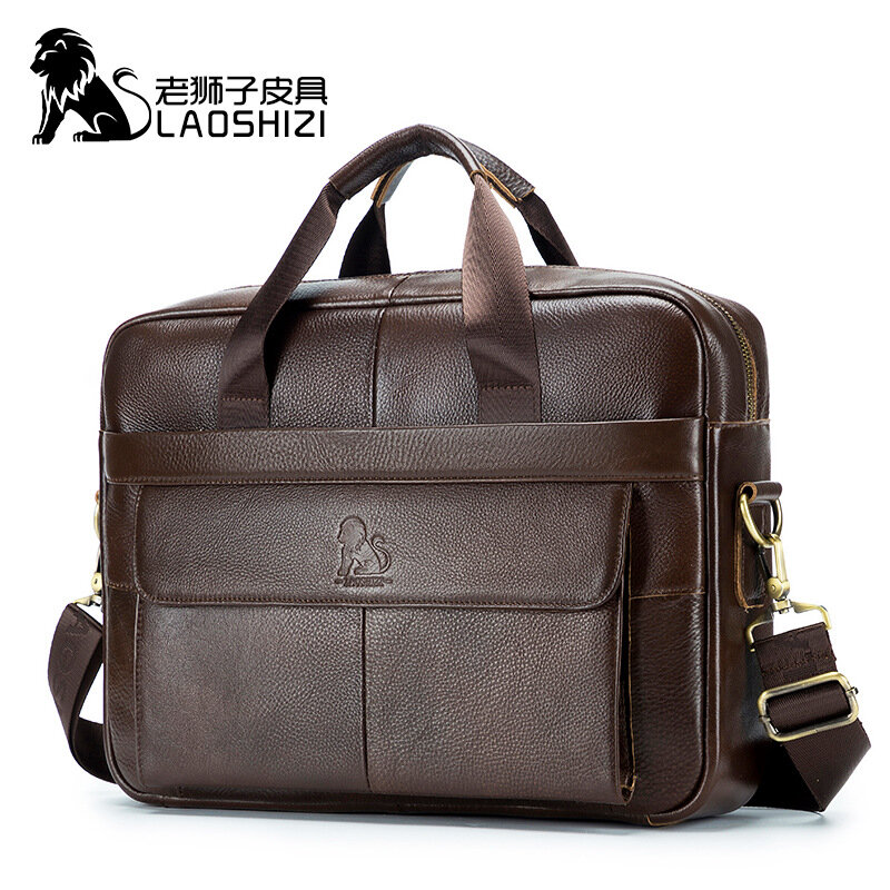 Brand Men 14 Inches Laptop Bags Large Capacity Shoulder Bag Fashion Genuine Leather Business Men Briefcase Messenger Bag Handbag