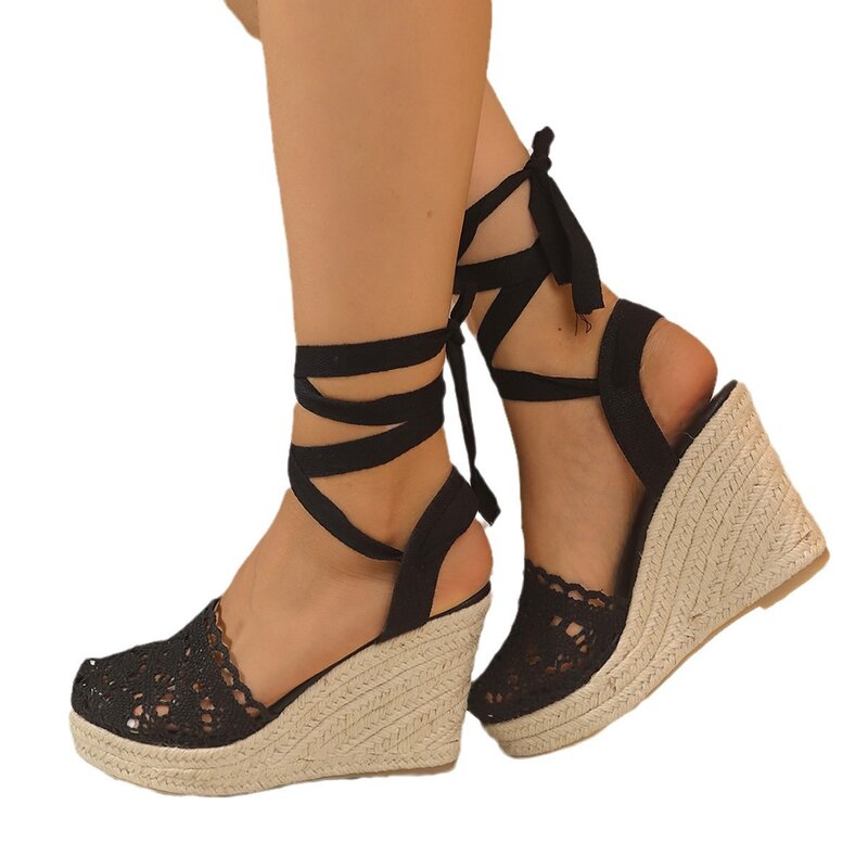 Summer Grass Woven Slope Heel High Heel Lace Sandals Ankle Strap 2024 New Simple and Fashionable Linen Woven Cross Strap