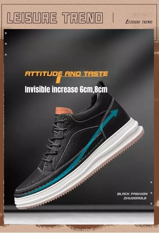 Sapatos de couro invisível para homens, tênis de elevador preto, sapatos de elevação casual, outono, 6cm