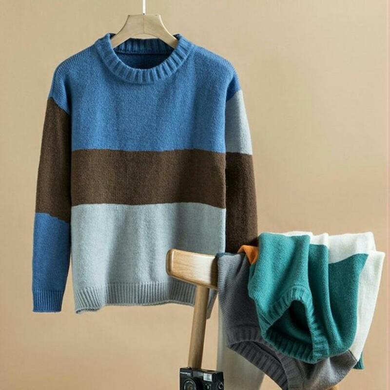 Suéter de malha de bloco colorido masculino, suéter solto, gola redonda, manga comprida, elástico grosso, cor de contraste, outono