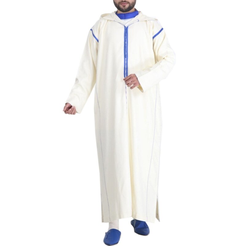 Oriente Médio Kaftan Robe Homens Árabe Saudita Com Capuz Thobe Mangas Compridas Vestido Muçulmano 41QC