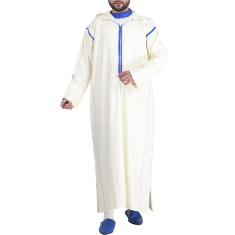 Muslim Hooded Kaftan Robes for Men Muslim Dress Saudi Arabic Thobe Middle East Jubba Thobe Male Breathable Islamic Robe