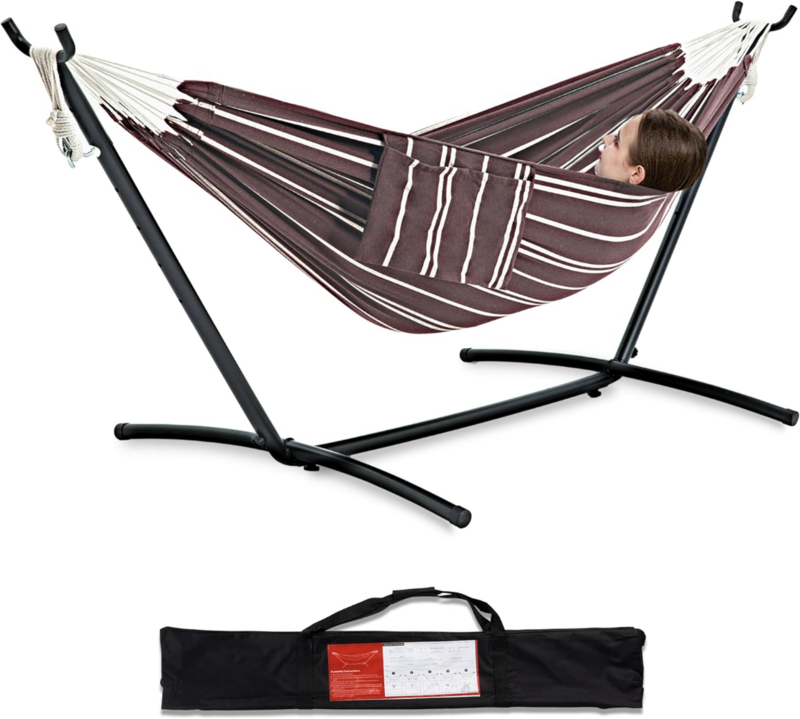 PNAEUT Double Hammock with Space Saving Steel Stand Included 2 Person Heavy Duty Outside Garden