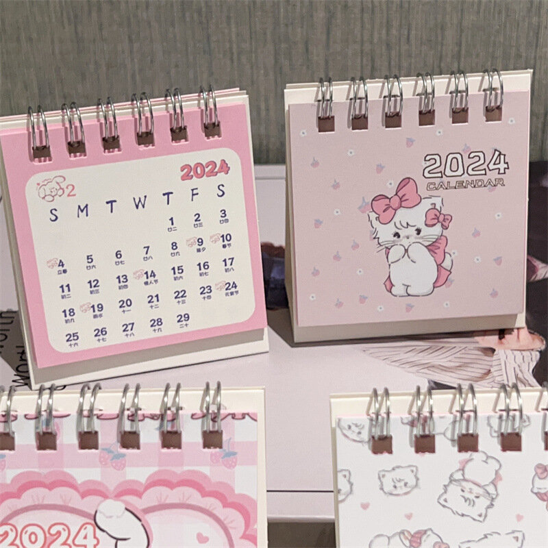Mini calendrier de bureau à rabat pour la maison, calendrier mensuel, dessin animé, chat rose, mignon, debout, petit, planification 03, 2024