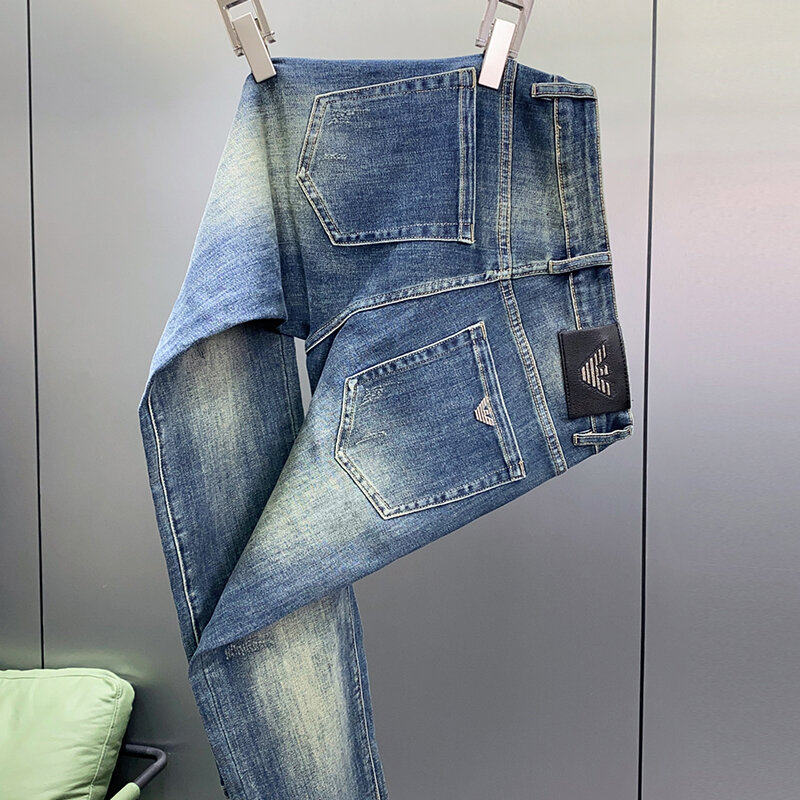 Новинка 2024, оригинальные роскошные мужские джинсы, свободные прямые модные повседневные универсальные потертые Синие Деловые облегающие джинсовые брюки