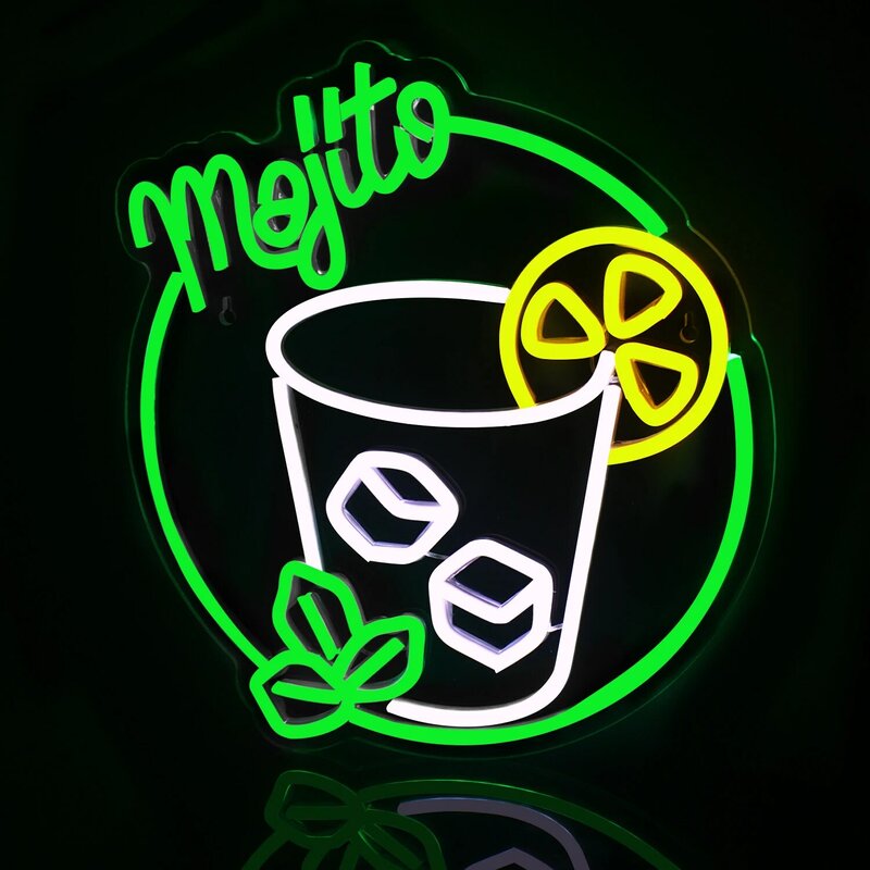 Mojito 네온 사인 칵테일 네온 사인, 음료 바, 녹색 LED 네온 사인, 벽 장식, USB 나이트클럽 카페 주방 레스토랑 파티