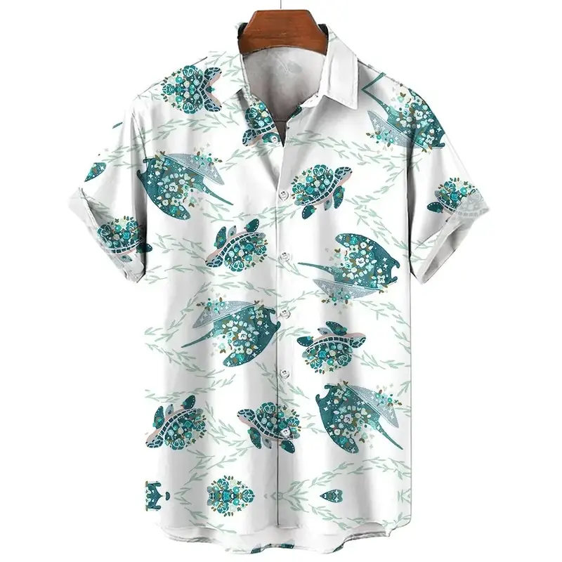 Camicia da uomo stampata in 3D, camicia a maniche corte casual e alla moda da uomo, bottone con risvolto, motivo mondiale subacqueo, tartaruga