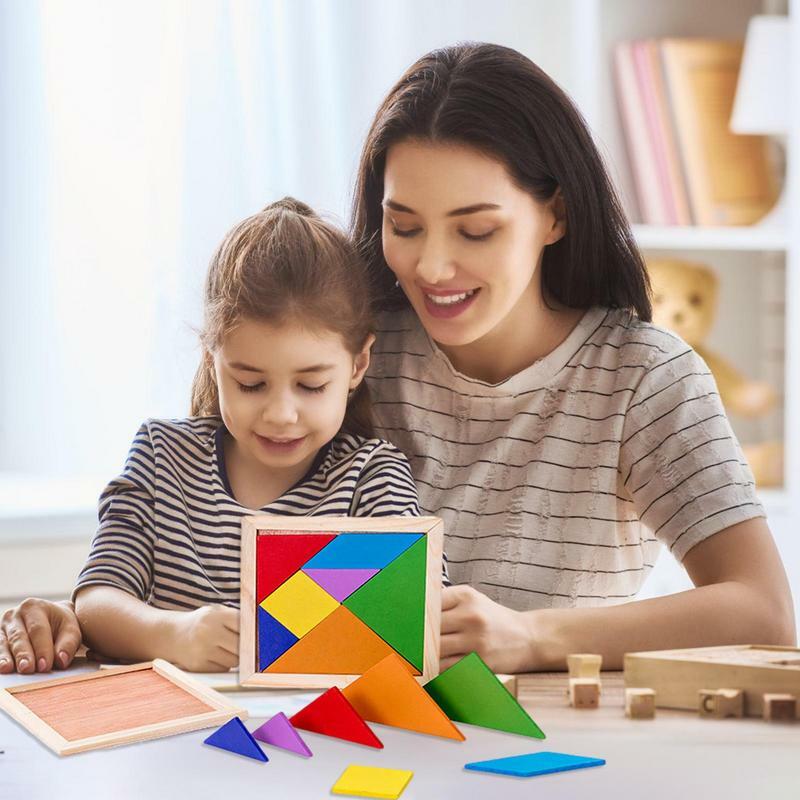 Drewniany Tangram Puzzle kolorowy kształt geometryczny Puzzle dla dzieci kształt poznawczy oświecenie zabawka świetny prezent dla dzieci w wieku 4-8 lat