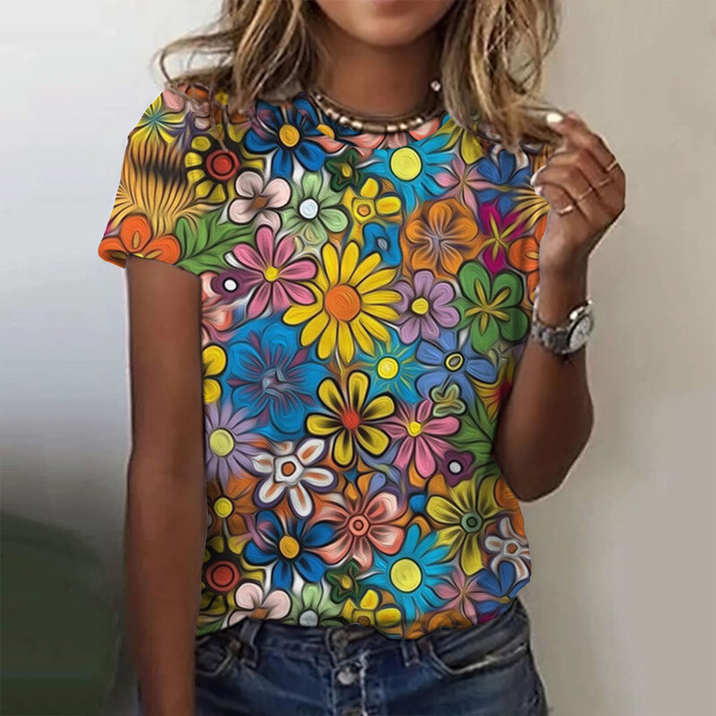 T-shirt décontracté à col rond pour femmes, manches courtes, t-shirts grande taille, vêtements Y2K, mode estivale, imprimé floral 3D