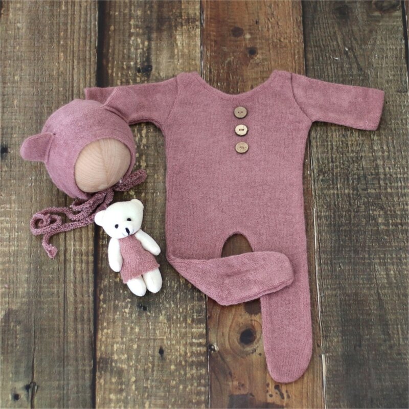 Newborn Photography Costume Set Baby Knit Clothing with Cute Bear Hat & Lovely Doll Baby Photo Shoot Props for Boy Girl
