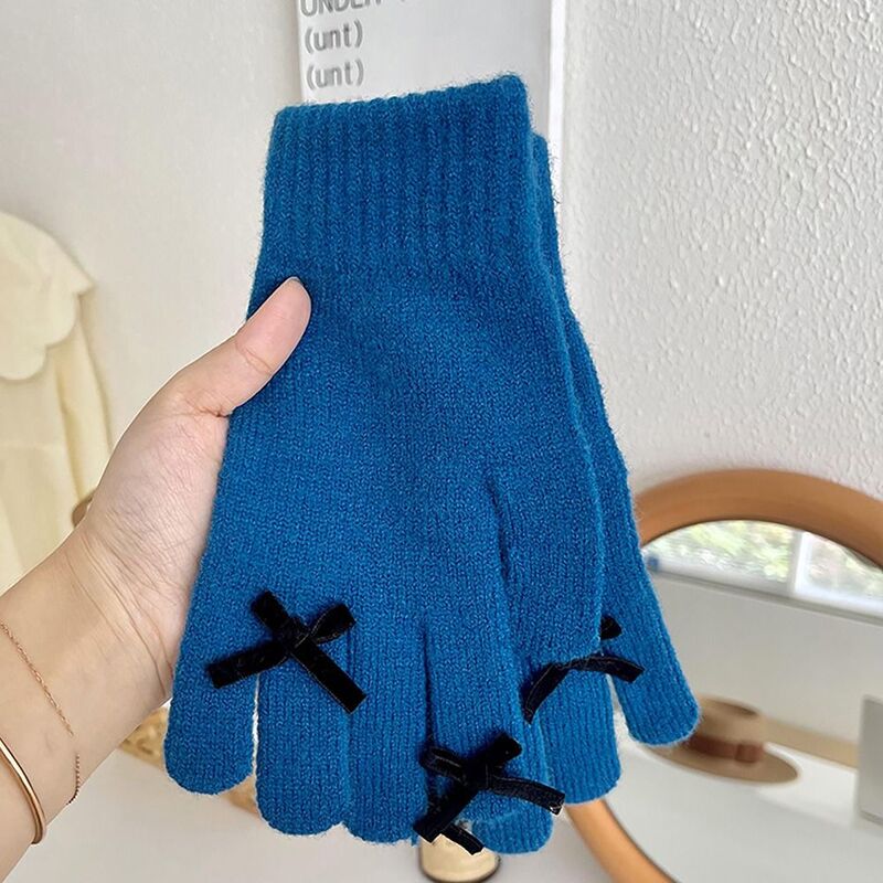1 paio di guanti invernali con fiocco caldo nuovo Touch Screen guanti lavorati a maglia in lana di poliestere tinta unita guanti con dita intere donne ragazze