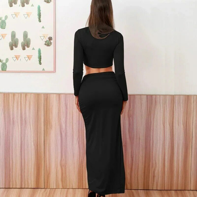 2024 baru pakaian wanita pusar terbuka leher bulat seksi anak perempuan lengan panjang split set rok panjang dua potong MYC15-3