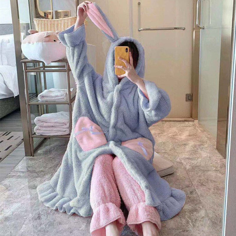 Pakaian tidur wanita, piyama kartun Kawaii hangat tebal hangat musim dingin Set flanel baju tidur bulu karang pakaian tidur gadis lucu