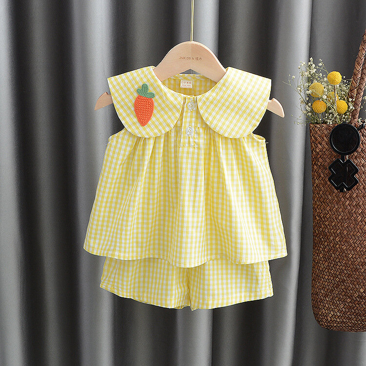 Conjuntos de roupas verão bebê menina bonito fruta algodão meninas xadrez doce princesa 2 pçs terno crianças roupas crianças vestidos