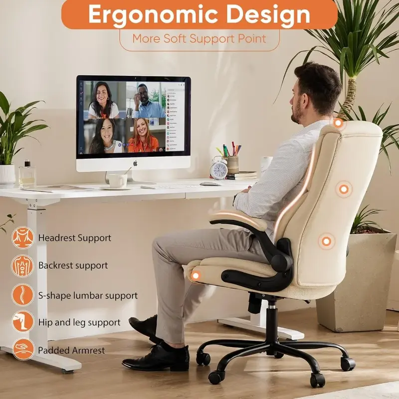 Bürostuhl ergonomisch mit Flip-Armlehnen, PU-Leder, verstellbarer Drehstuhl auf Rädern, cremefarben