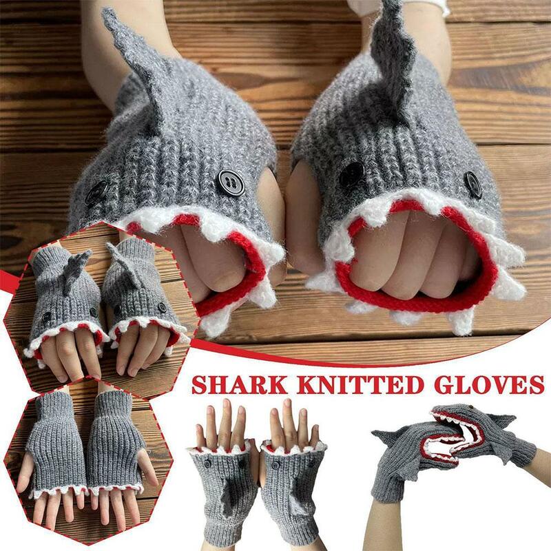 Luvas de malha do tubarão dos desenhos animados mordendo a mão, Crochet quente, dedo cheio ou meio, luvas, sem dedos, Natal, I9F2, inverno