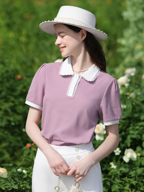 Женская Кружевная футболка-поло с коротким рукавом и буффами