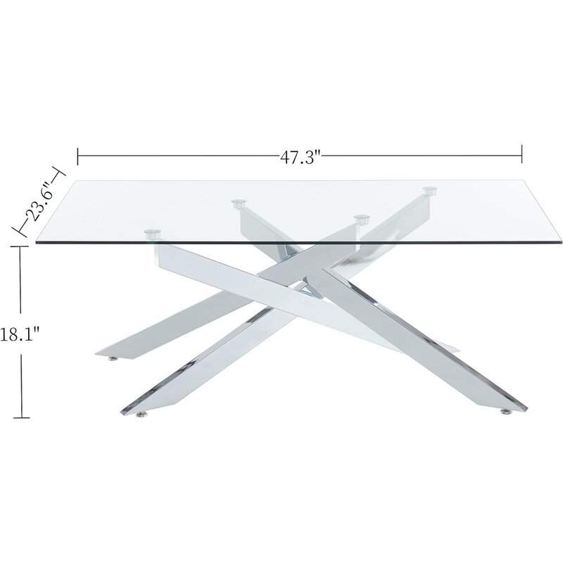 Table basse rectangulaire moderne argentée, dessus en verre du Guatemala et pied tubulaire en métal, 47.3 po, Lx23.6 po, Wx18.1 po H