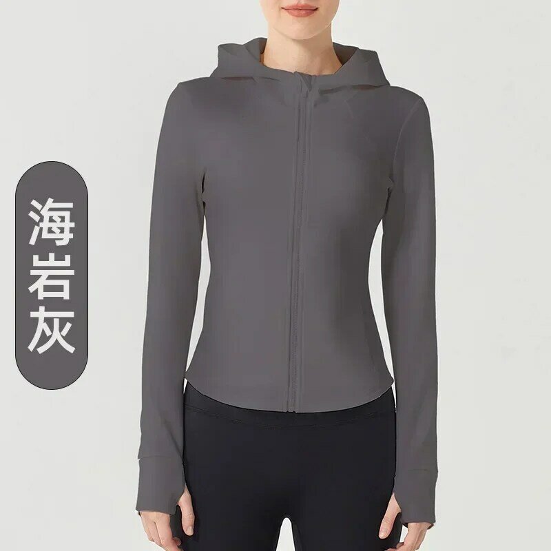 Jaqueta de ioga feminina com capuz, blusa manga comprida, ajuste fino, blusa esportiva de cintura, zíper, camada de ar