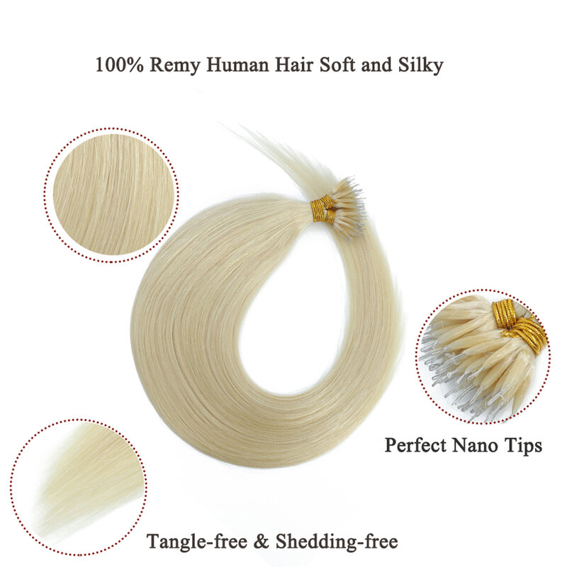 Lovevol-extensiones de cabello Remy 100% Premium, 1G/hebras, cuentas de anillo Nano, cabello Remy Natural grueso y liso, cabeza completa para cabello de salón