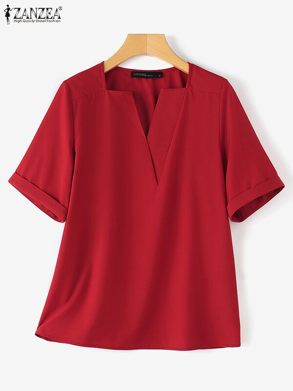 Женская элегантная белая офисная блузка ZANZEA, корейские топы с V-образным вырезом и коротким рукавом, рубашка 2024, летняя винтажная Женская туника, блузы