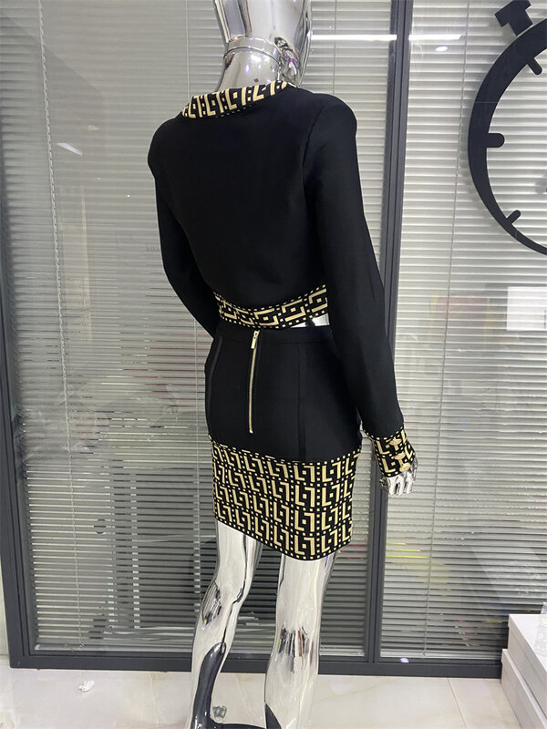 Vestido de fiesta con estampado geométrico para mujer, conjunto de dos piezas, manga larga, abotonado, elegante, Otoño, 2024