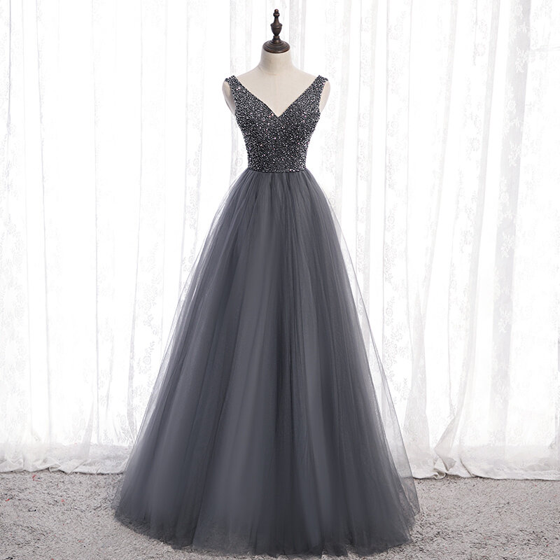A Line Women Evening Dresses V Neck Sequins Tulle Prom Birthday Party Gowns Formal robes de soirée
