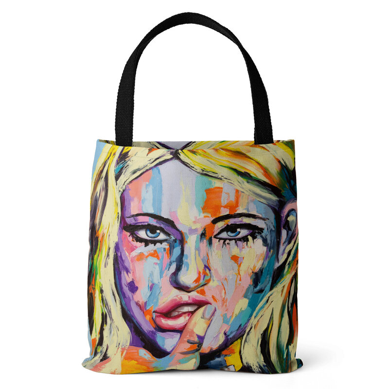 Grande Canvas Moda Ombro Shopping Bag Gocery Eco Handbag Pintura A óleo das mulheres Rosto Preto Shoulder Strap Street Style Tote