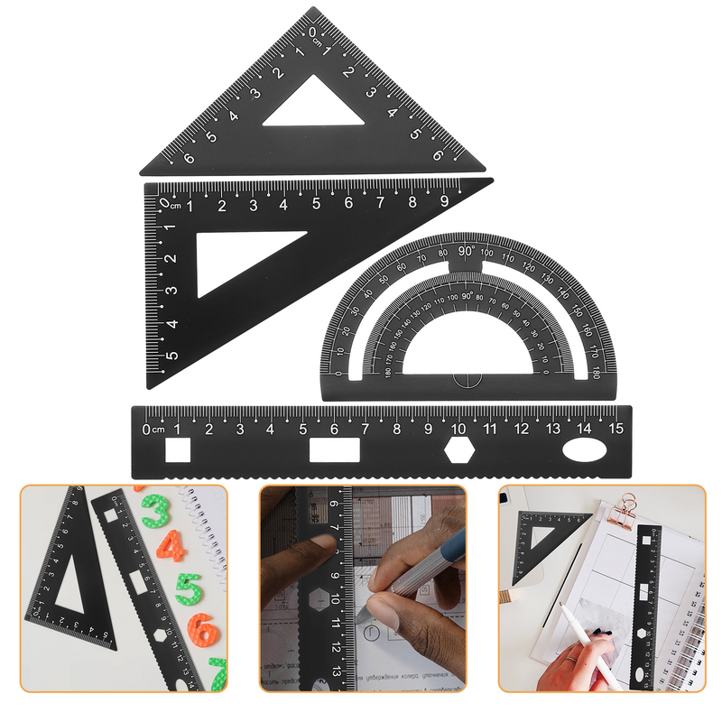 DIY Metal Ruler Stationery Set Sturdy Office Ruler Triangular Plate Protractor Testing Ruler for Pupils Students Black