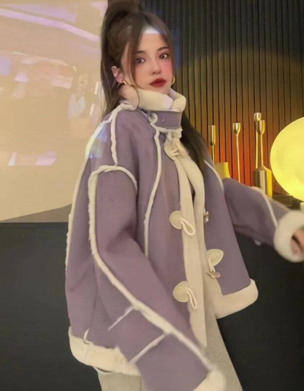 여성용 스탠드 칼라 인조 가죽 재킷, 혼 단추 겉옷, 두껍고 따뜻한 인조 PU 코트, 가을 겨울, 2024 신상 패션