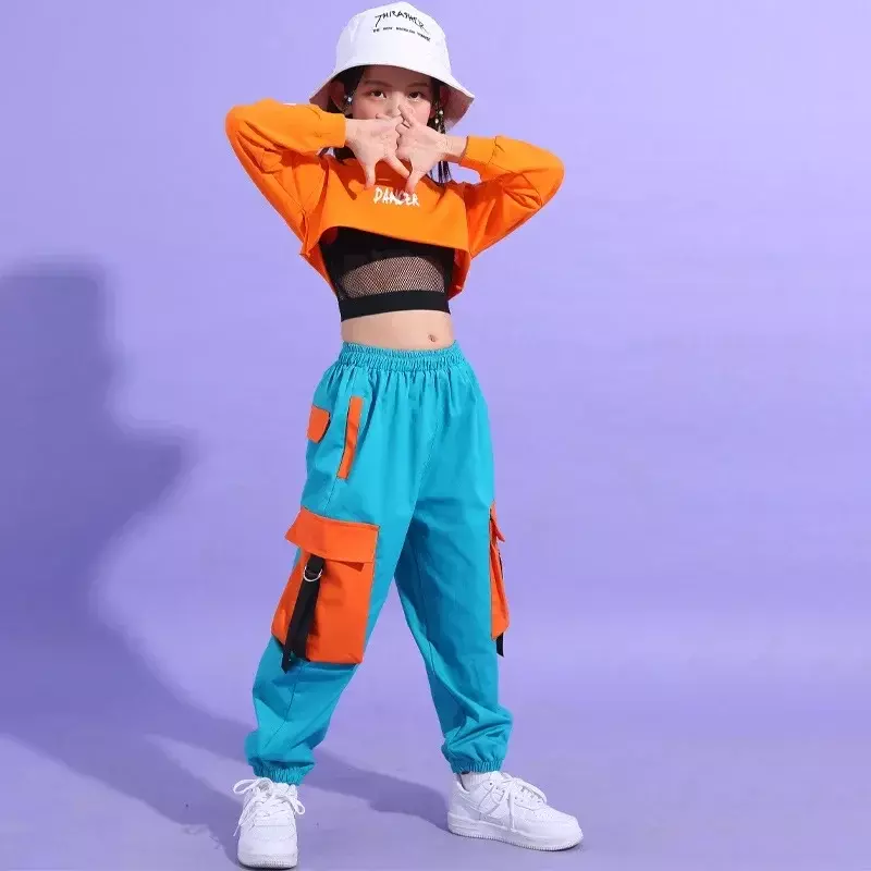 Комплект детской одежды в стиле хип-хоп, короткий топ и брюки-карго, уличные танцевальные костюмы для подростков 4-14 лет