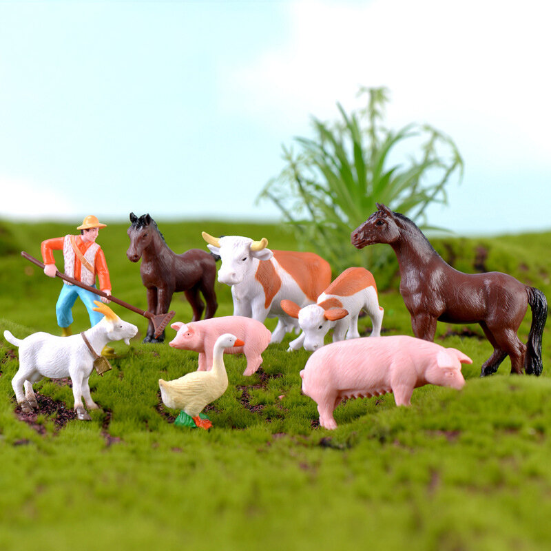 1 buah patung peternakan Mini Model hewan realistis patung unggas simulasi peternakan kuda domba babi ayam bebek anjing