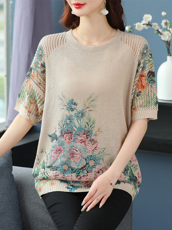 Kaus rajut berongga cetak bunga wanita pakaian musim panas 2024 untuk wanita atasan kaus pullover Y2K longgar kaus Wanita