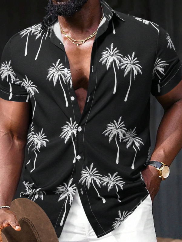 Camisa básica masculina com botão de colarinhos, camiseta manga curta, camisa com estampa botânica, estilo havaiano, impressão 3D