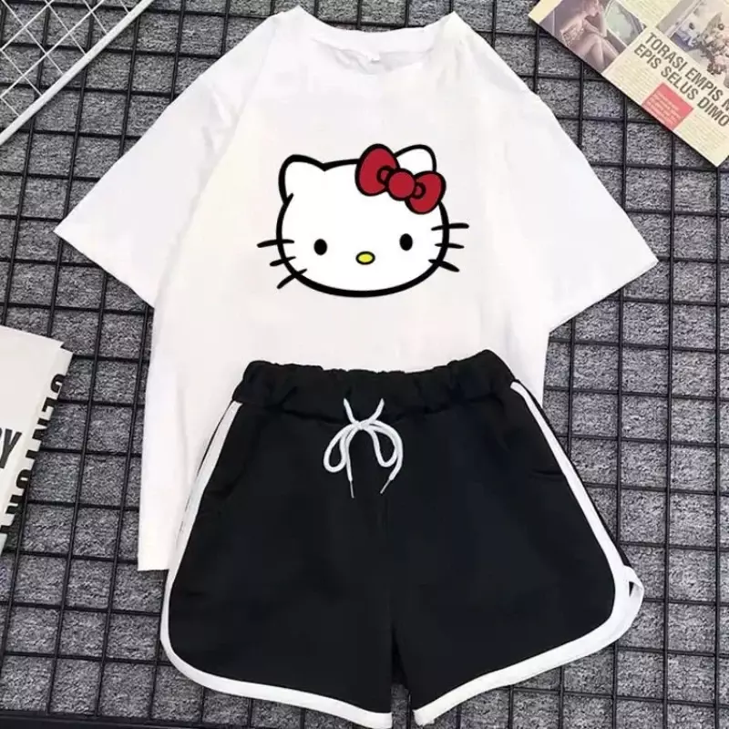 Neueste sanrio kawaii hello kitty niedlichen Anime-Druck Sommer Kurzarm Shorts Set y2k ins Stil Mädchen zu Hause tragen Pyjama Geschenk