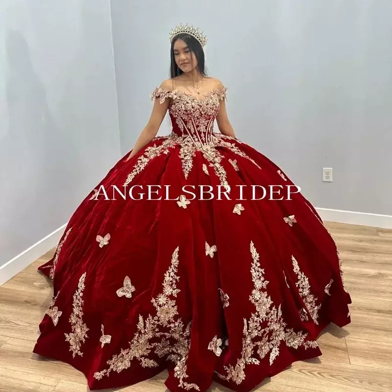 New Burgundy Ball Gown 15 Year Old Quinceanera Dresses Off Shoulder 3D FLower Appliques Formal Princess Brithday Party Gowns