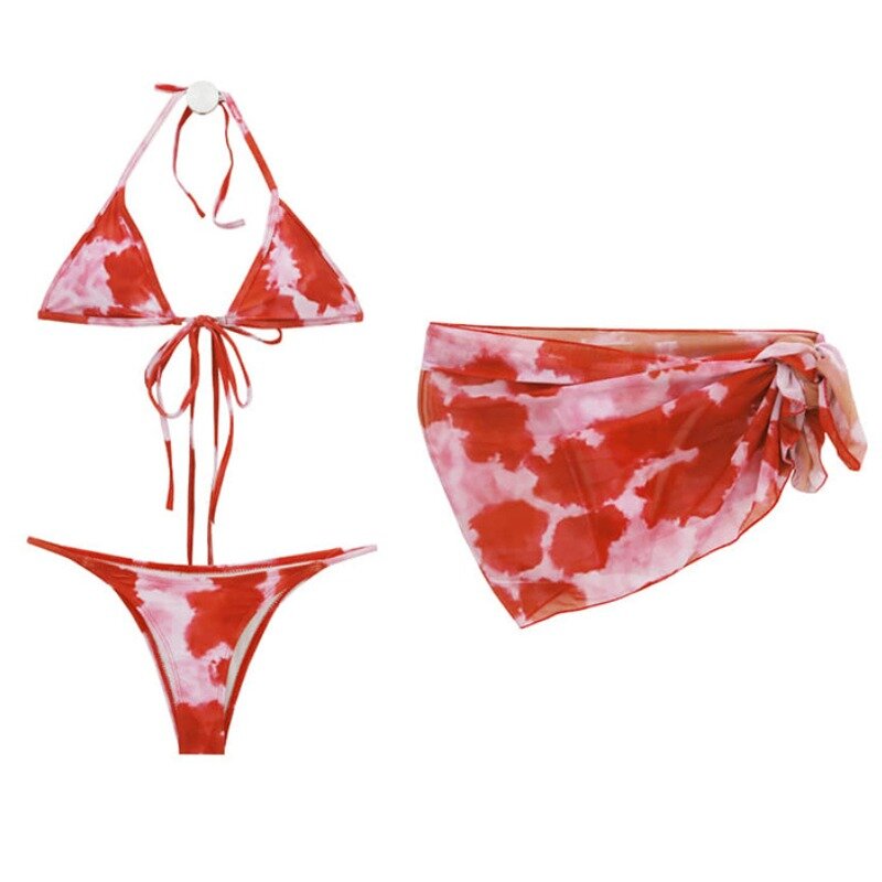 3pcs Tie Front Micro Bikini Set 2024 Women Triangle Swimwear Female Printed Swimsuit With Beach Skirt Sexy Padded Bathing Suit