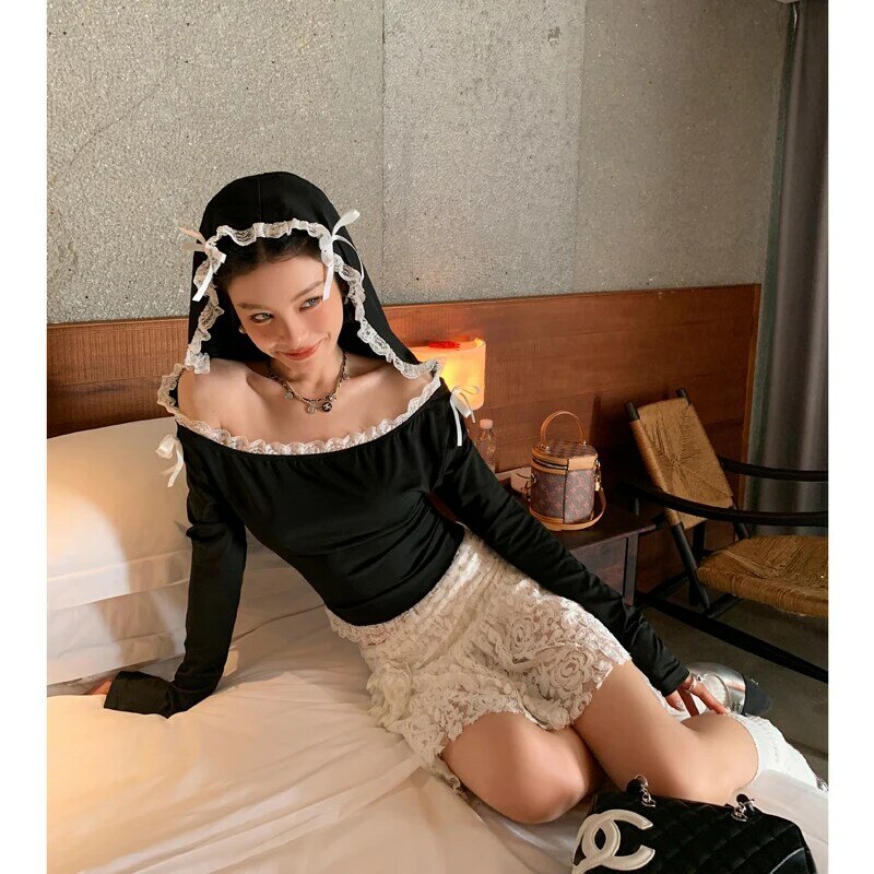One Shoulder Hooded Sun Protection T-shirt for Women's Summer 2024 New Sexy Pure Desire Lace Edge Pullover Top Female Clothing