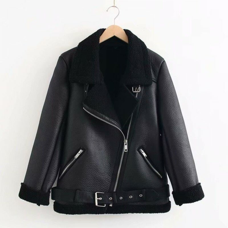 Chaqueta gruesa de piel sintética de cordero para mujer, ropa de calle negra cálida, chaqueta de motocicleta con cremallera y cinturón, 2023