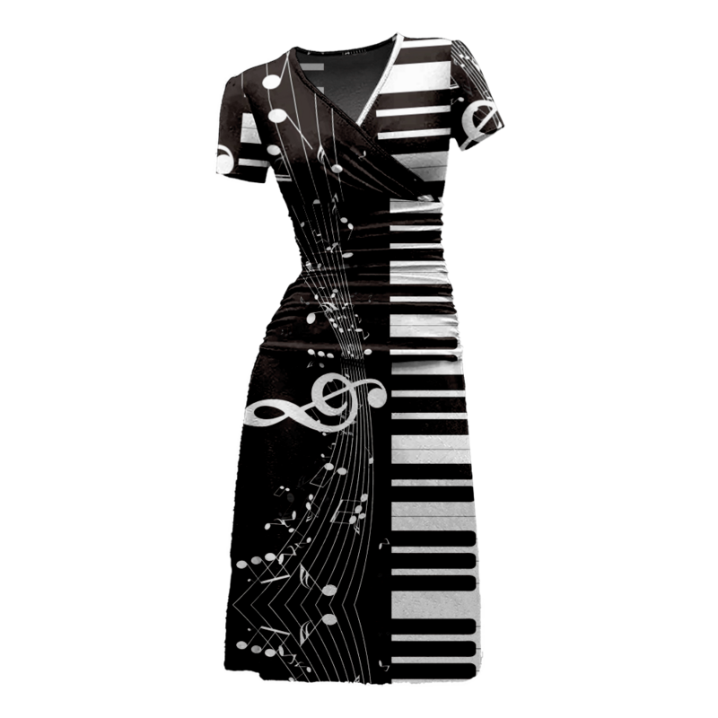 원피스 음악 노트 프린트 Y2k 원피스 세련된 맥시 드레스, 젊은 여성 의류, V넥 A 라인 파티, 우아한 로브