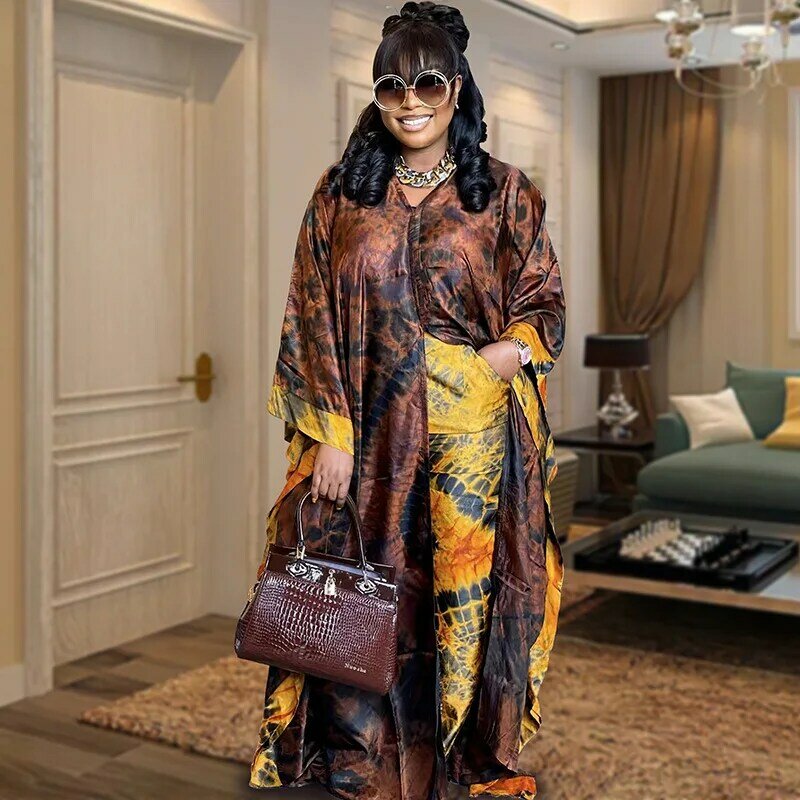 Женский Африканский абайя, комплект из 2 предметов 2024, Африканский Дашики, новый модный костюм из двух предметов, широкий топ + длинные брюки, женский летний костюм