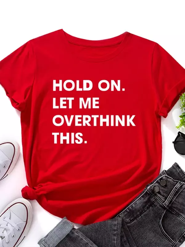 Топы из чистого хлопка с коротким рукавом, женская футболка с принтом «Let Me Overthink It», свободная женская футболка с круглым вырезом, женская футболка, одежда