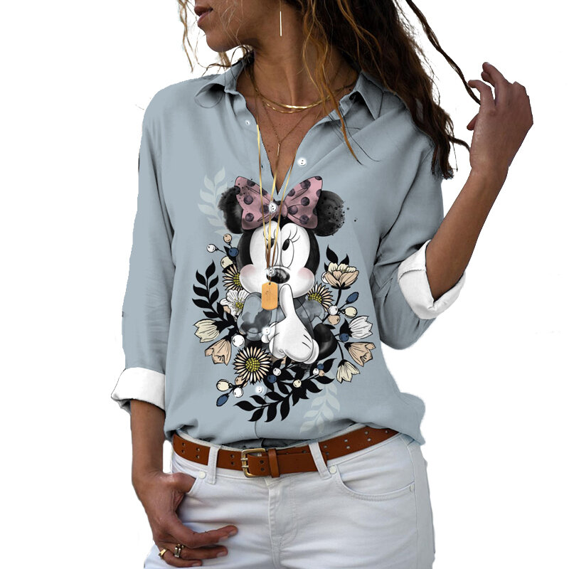 Disney-Camiseta de manga larga con botones para mujer, camisa informal con solapa y estampado 3D de Mickey, Minnie, Pato Donald, estilo Harajuku, y2k, novedad de 2022