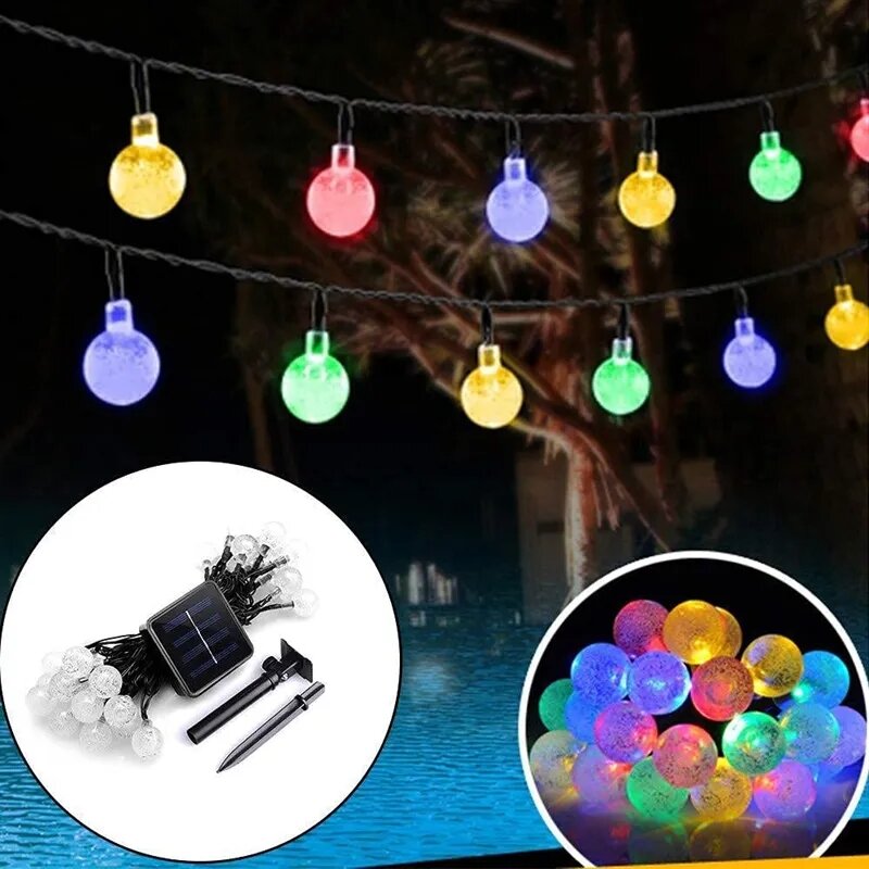 Guirnalda de luces LED solares para decoración al aire libre, 8 modos, bola de cristal, 5M, 7M, 12M, fiesta de Navidad, 021